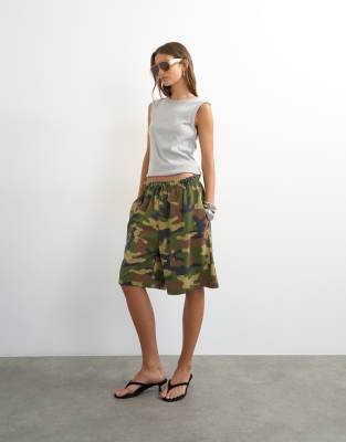 Topshop Camouflage Washed Long Line Tie Detail Shorts In Green
