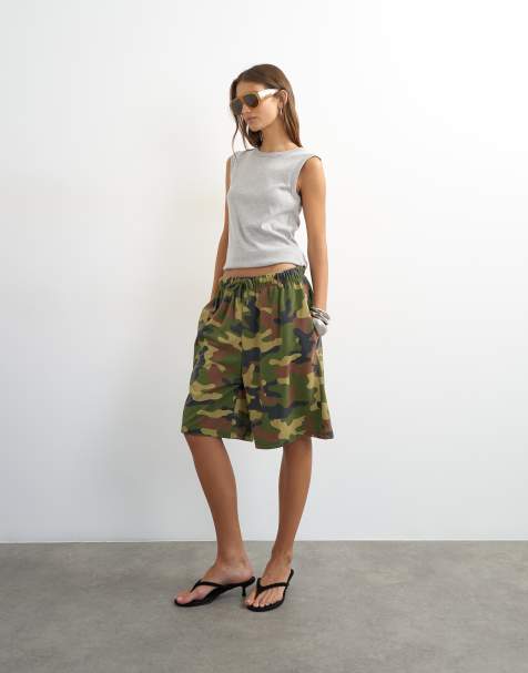 Topshop camouflage washed long line tie detail shorts in khaki - view 1