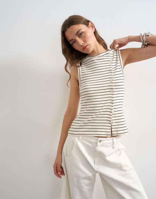 Topshop - Canotta a righe con bottoni color avorio e nero