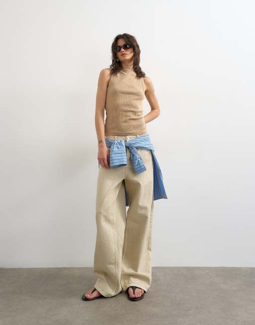 Topshop - Canotta a vogatore color pietra con scollo a barchetta, 2 di 4