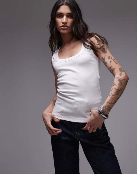 Topshop - Canotta bianca a coste con scollo a v rotondo - view 1