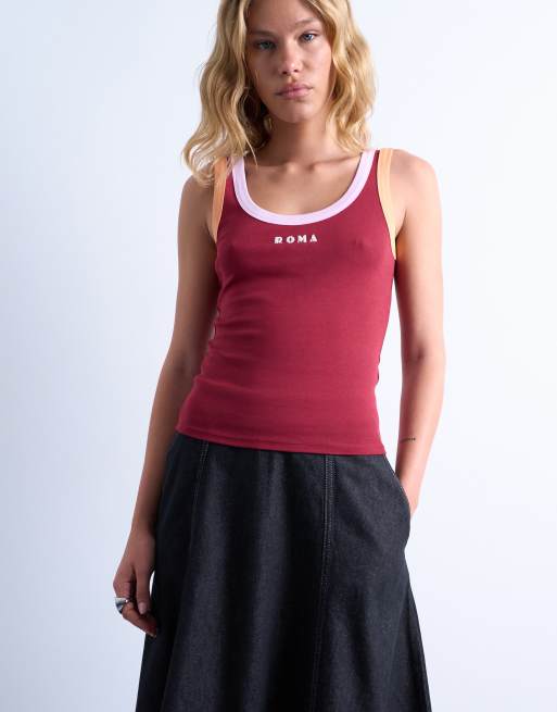 Topshop - Canotta bordeaux a coste con dettagli a contrasto e ricamo "Roma", 4 di 4