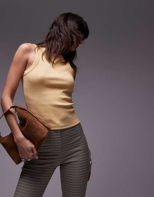 Topshop - Canotta color latticello a coste con scollo a vogatore