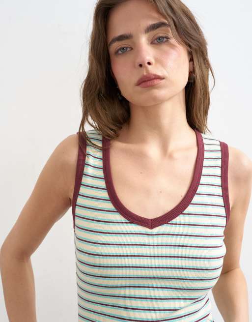 Topshop - Canotta con scollo a V bordeaux a righe a coste, 2 di 4