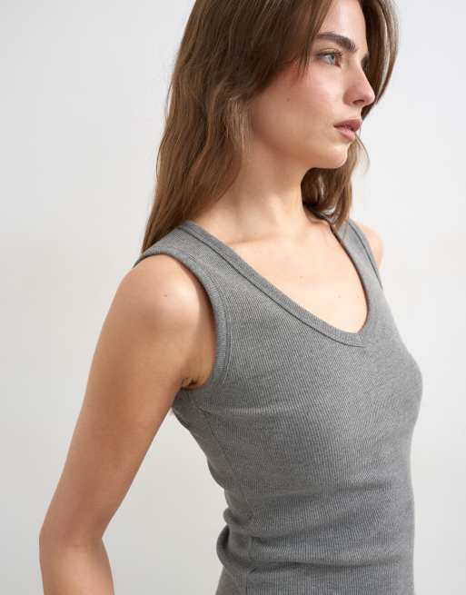 Topshop - Canotta con scollo a V grigio mélange a coste, 2 di 4