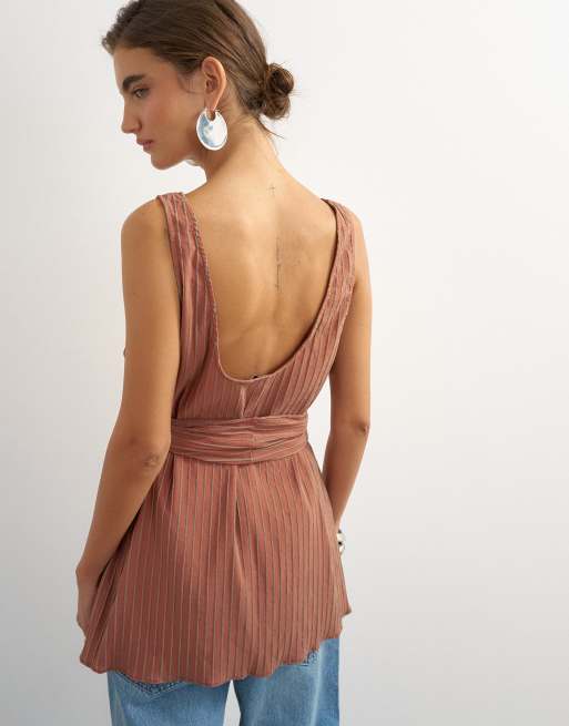Topshop canotta con scollo rotondo e allacciatura in vita a righe ruggine, 4 di 4