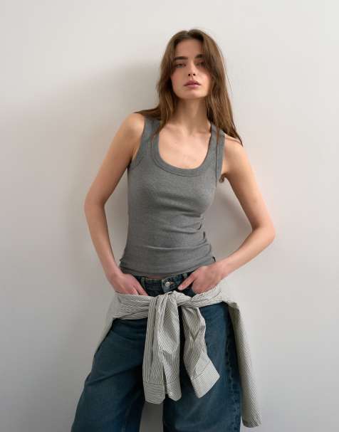 Topshop - Canotta con scollo rotondo grigio mélange a coste - view 1