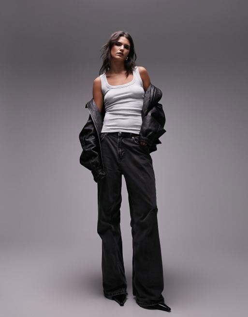 Topshop - Canotta grigia a coste con scollo rotondo