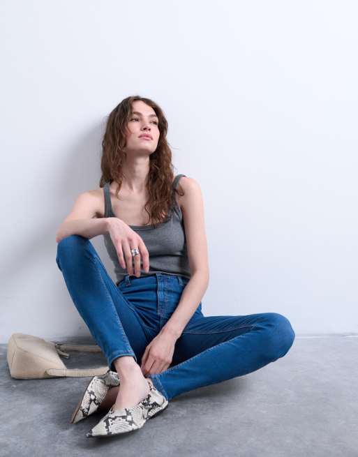 Topshop - Canotta grigio scuro mélange a coste con spalline sottili e scollo rotondo, 2 di 4