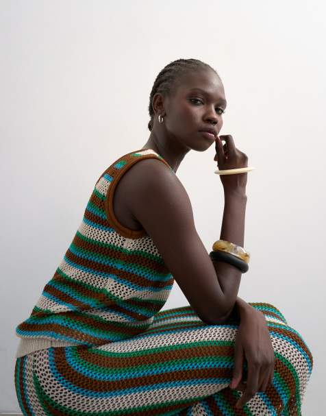 Topshop - Canotta in maglia a righe multicolore blu e marrone in coordinato - view 1