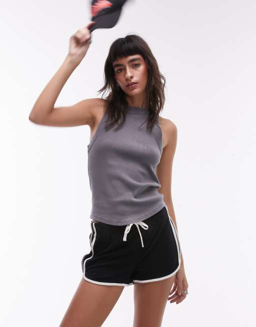 Topshop - Canotta lavaggio acido grigio chiaro a coste con scollo a vogatore