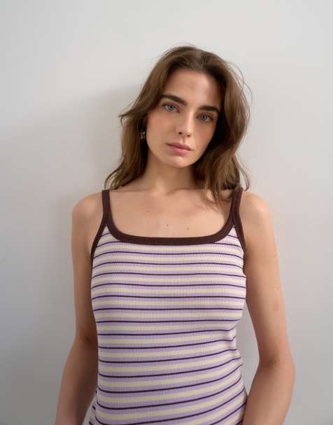 Topshop - Canotta lilla a righe con spalline sottili e scollo rotondo a coste - view 1