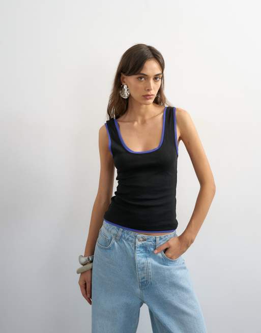 Topshop - Canotta nera e blu con scollo rotondo e bordi in rete a contrasto, 3 di 4