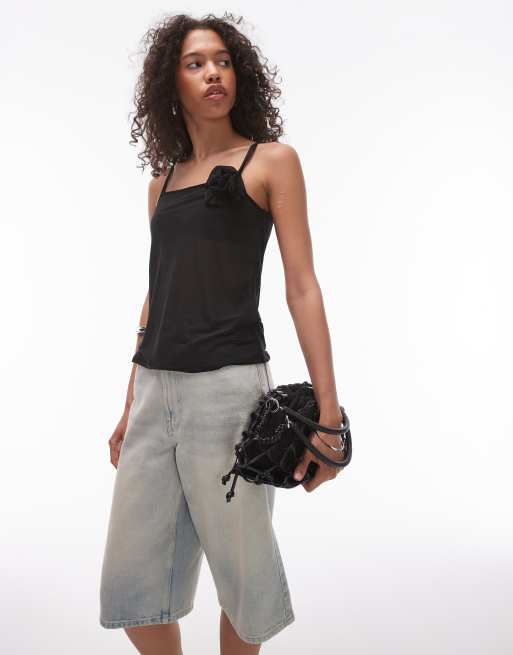 Topshop - Canotta nera trasparente con fiore applicato