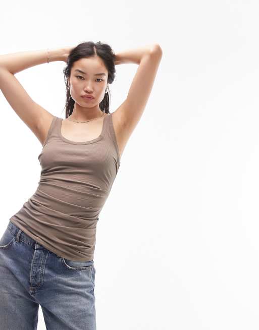 Topshop - Canotta premium color pietra a coste con pieghe sui lati e scollo rotondo