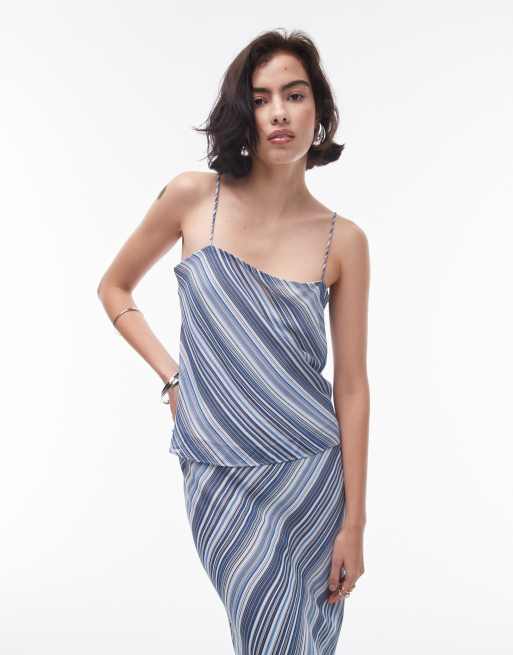 Topshop - Canottiera blu a righe diagonali con scollo squadrato in georgette in coordinato