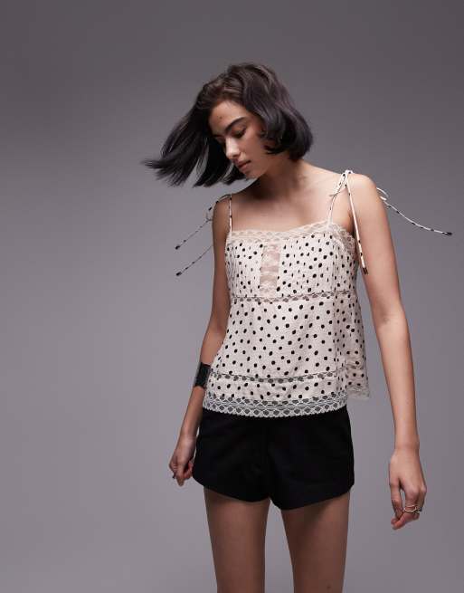 Topshop - Canottiera color avorio a pois in misto pizzo 