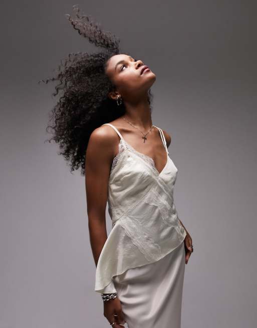 Topshop - Canottiera color avorio con inserto in pizzo 