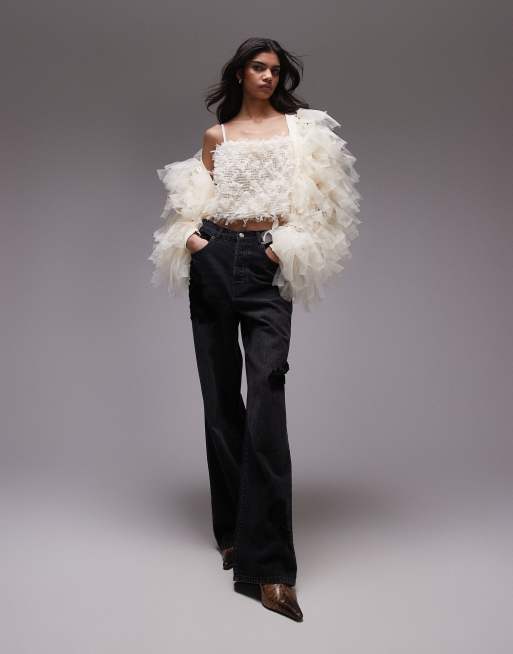 Topshop - Canottiera color crema con spalline sottili e decorazione 3D