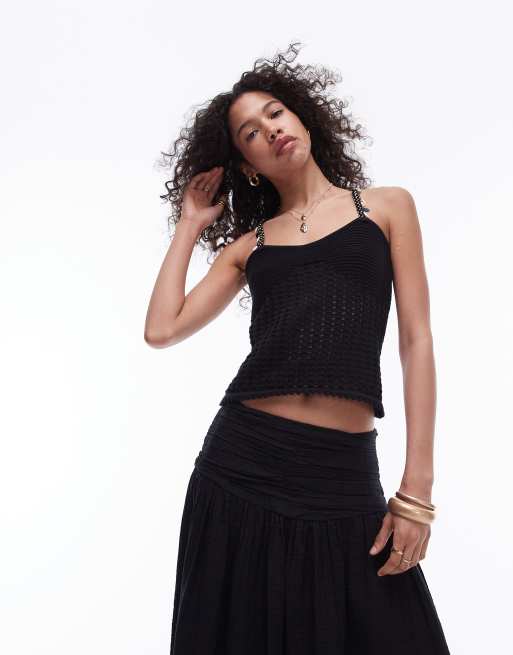 Topshop - Canottiera in maglia nera con conchiglie sulle spalline
