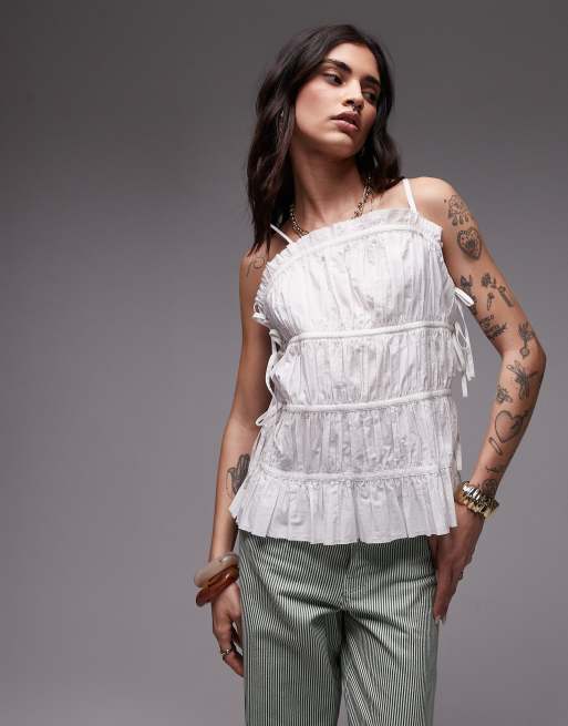 Topshop - Canottiera in popeline a balze color avorio a pieghe