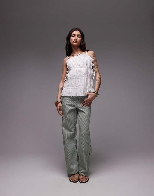 Topshop - Canottiera in popeline a balze color avorio a pieghe, 2 di 4