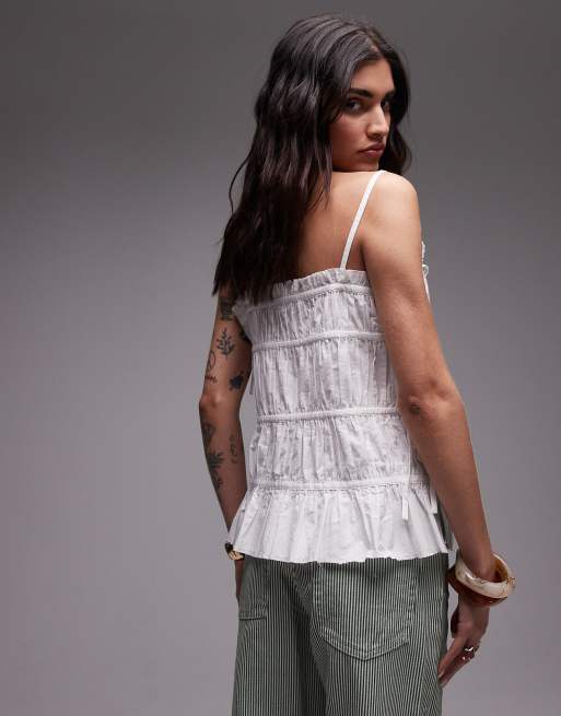 Topshop - Canottiera in popeline a balze color avorio a pieghe, 3 di 4