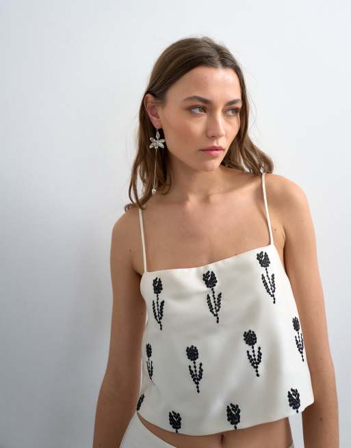 Topshop - Canottiera in raso color crema con ricamo
