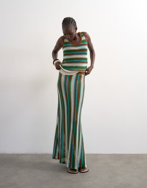 Topshop - Canottiera, pantaloncini e gonna in maglia a righe multicolore in coordinato