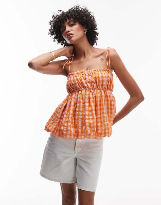 Topshop - Canottiera stile babydoll arancione a quadretti in coordinato