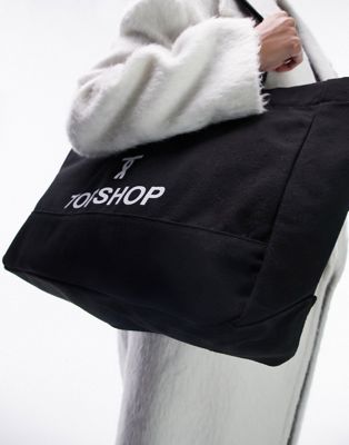 Topshop twisty 'T' logo canvas tote in black
