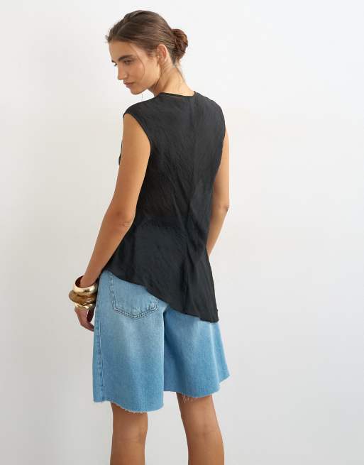 Topshop cap sleeve asymmetric tie detail top in black, 2 of 4