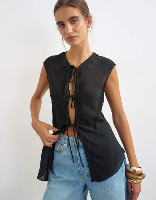 Topshop cap sleeve asymmetric tie detail top in black, 3 of 4