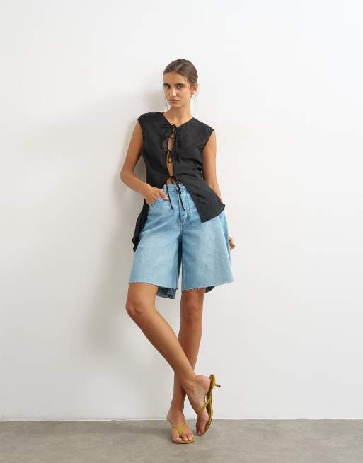 Topshop cap sleeve asymmetric tie detail top in black, 4 of 4