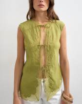Topshop cap sleeve asymmetric tie front lace detail top in khaki