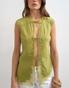 Cap sleeve asymmetric tie front lace detail top in khaki