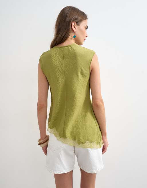 Topshop cap sleeve asymmetric tie front lace detail top in khaki, 2 of 4