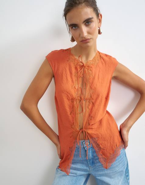 Topshop cap sleeve asymmetric tie front lace detail top in rust - view 1