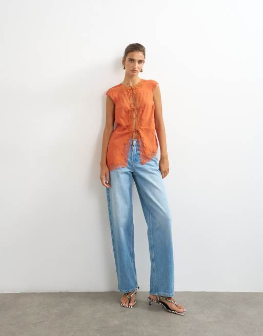 Topshop cap sleeve asymmetric tie front lace detail top in rust, 2 of 4