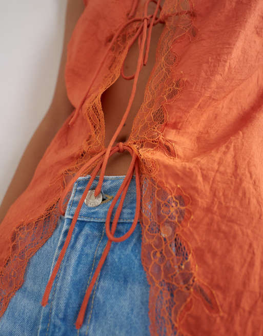 Topshop cap sleeve asymmetric tie front lace detail top in rust, 3 of 4