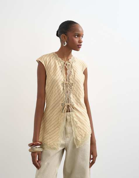 Topshop cap sleeve asymmetric tie front lace detailing top in yellow stripes - view 1