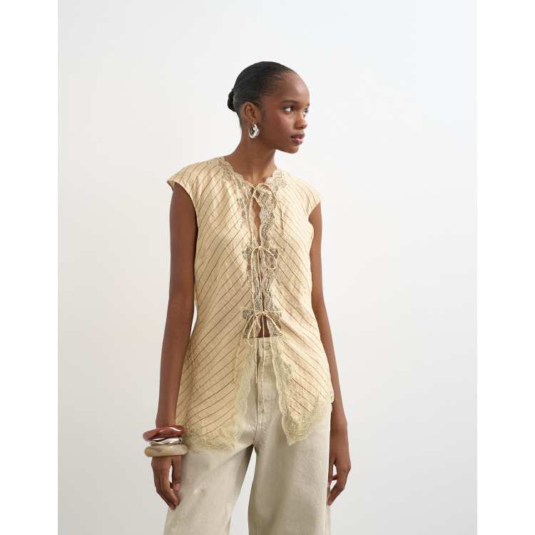 トップス Stella ribbon tops AM1752 Stella Padded Mixed Fabric Puff Sleeve Ribbon Top (Misty Blue