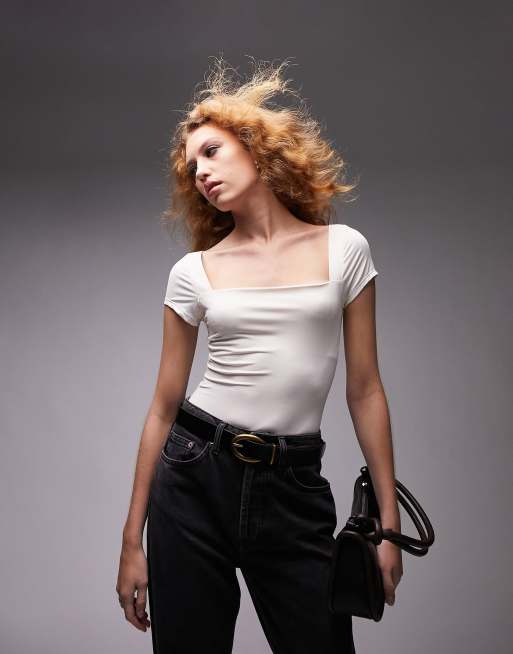 Topshop cap sleeve bodysuit in ivory
