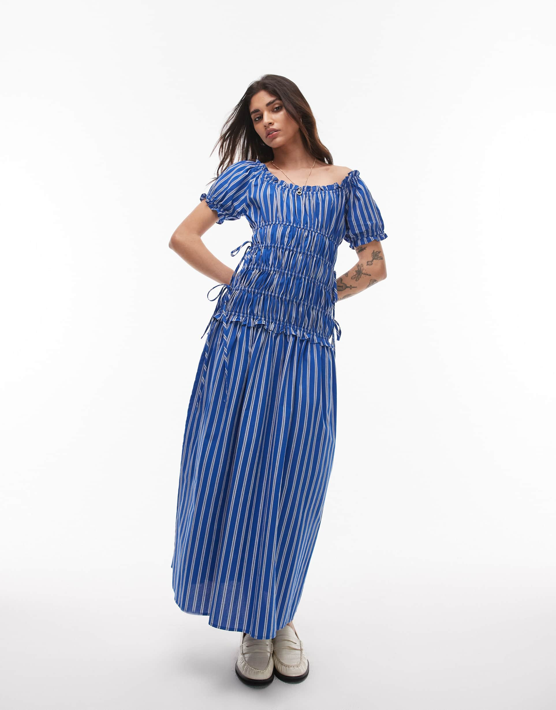 topshop cap sleeve shirred dress with tie sides in blue stripe