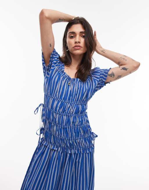 Topshop cap sleeve shirred dress with tie sides in blue stripe