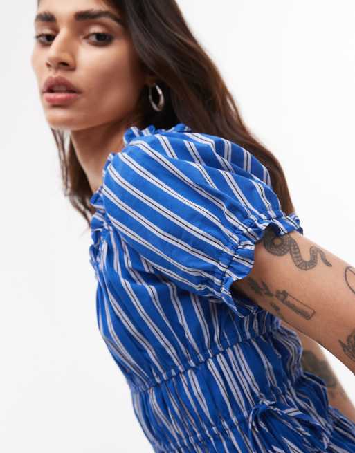 Topshop cap sleeve shirred dress with tie sides in blue stripe