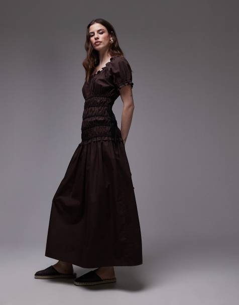 Topshop cap sleeve shirred dress with tie sides in brown with contrast black ties - view 1