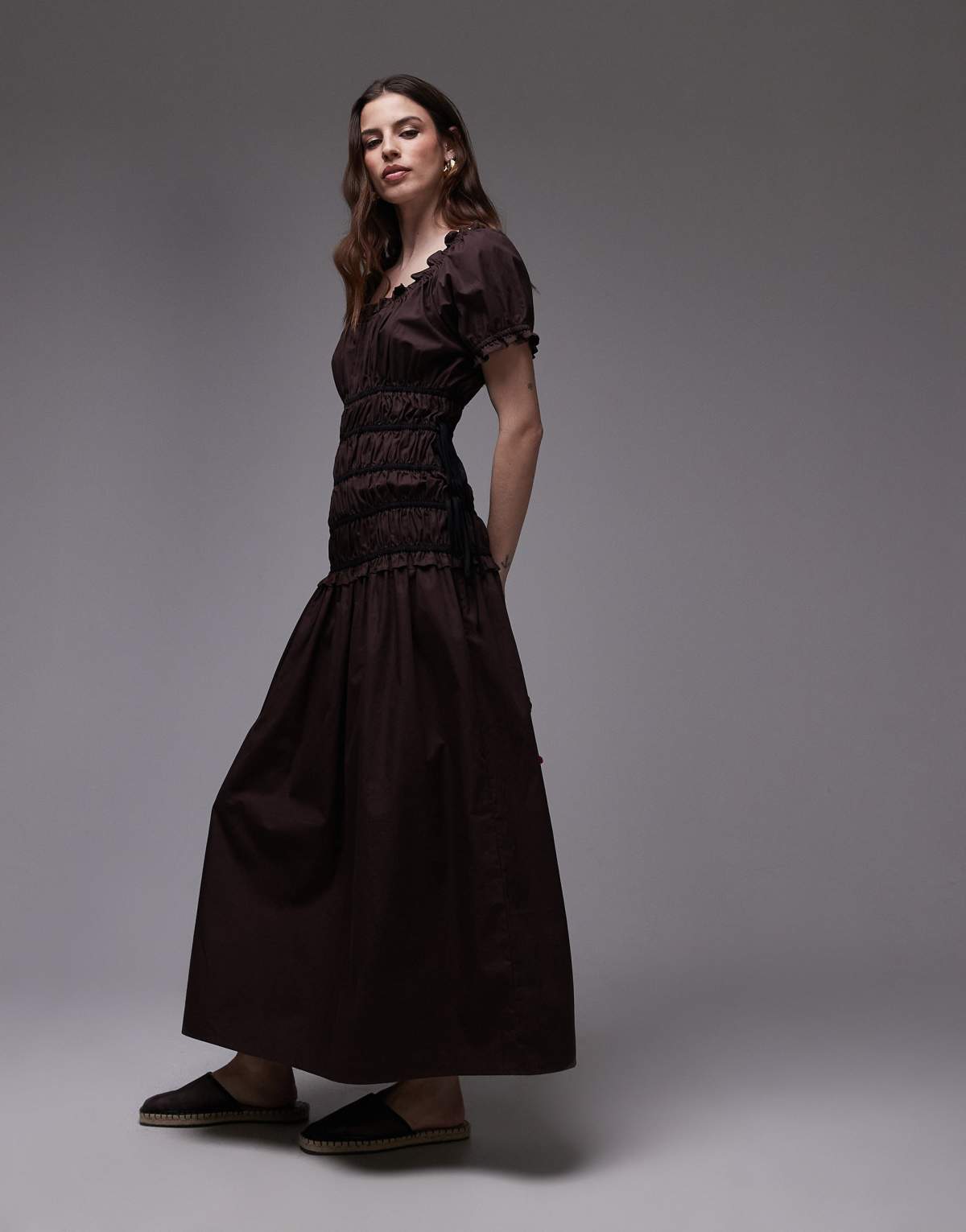 Topshop cap sleeve shirred dress with tie sides in brown with contrast black ties
