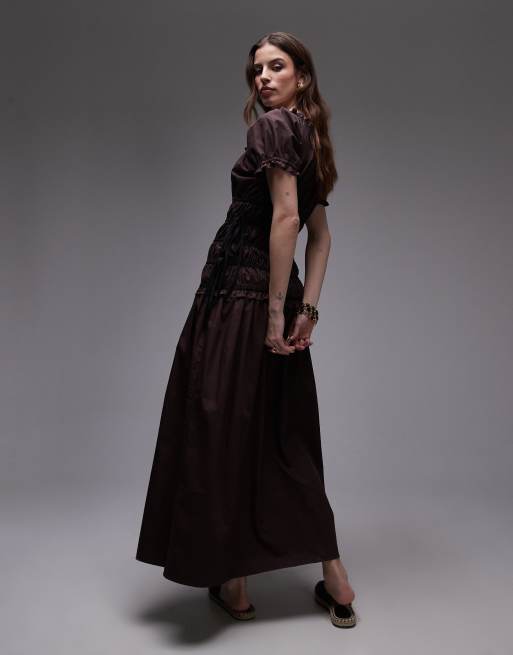Topshop cap sleeve shirred dress with tie sides in brown