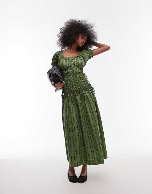 Topshop cap sleeve ruched dress with tie sides in green plaid